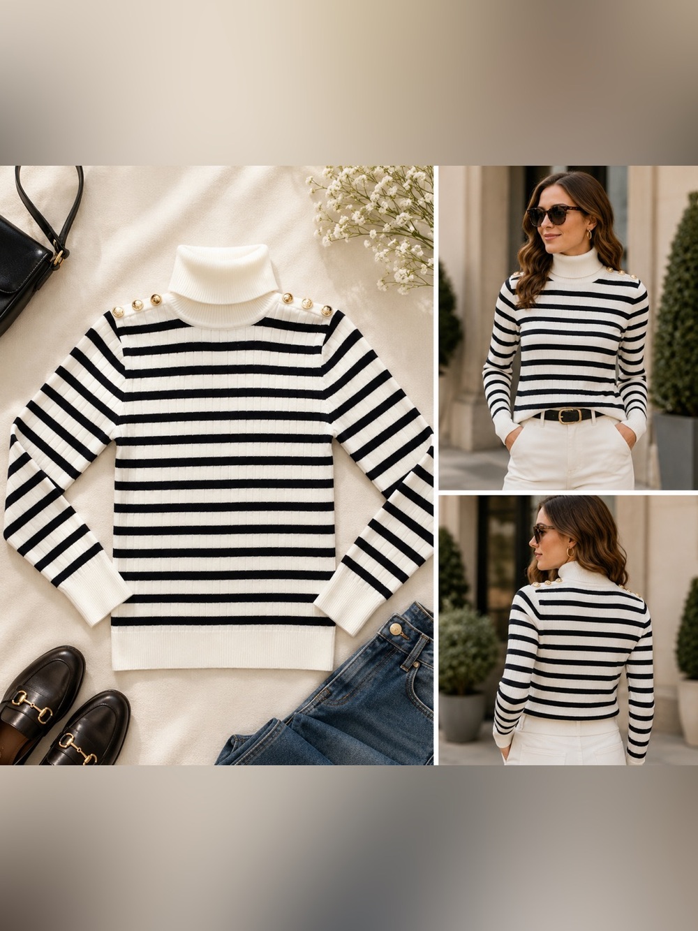 VILLAGALLO- Gold Button Shoulder ECRU and black turtleneck sweater NWT